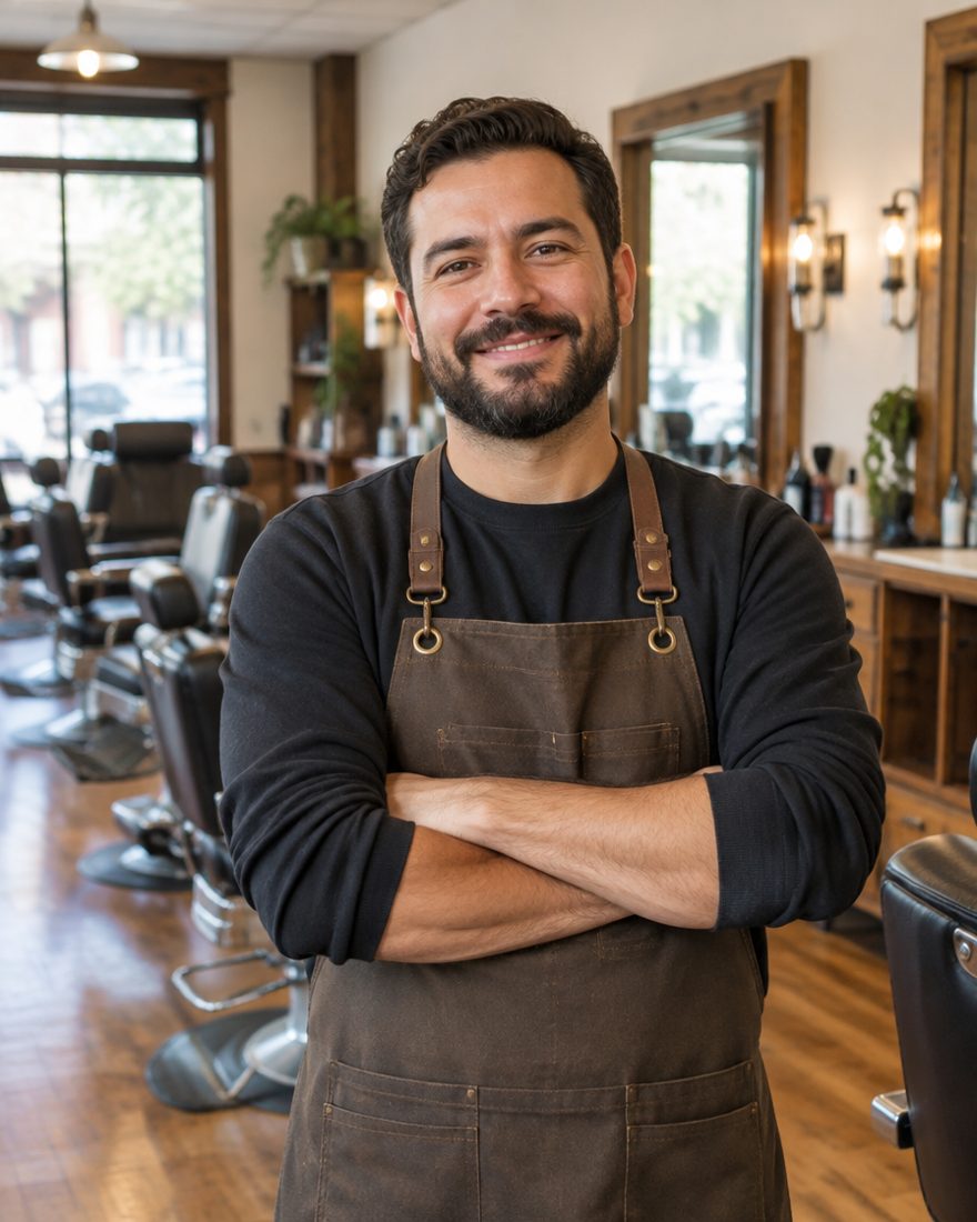 Eigenaar van een barbershop met armen over elkaar, glimlachend