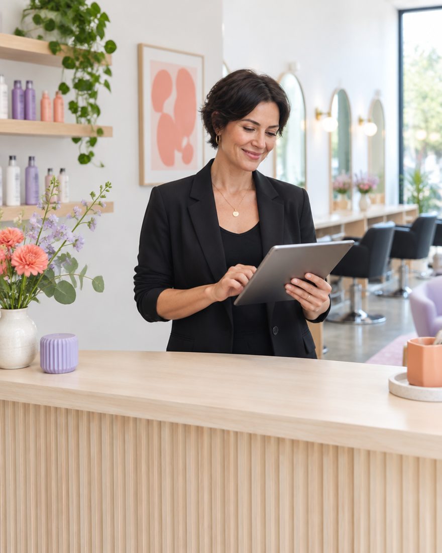 Salon-eigenaar achter de balie plant afspraken op een tablet