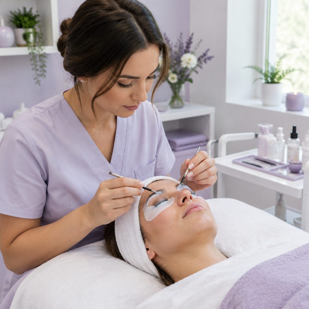 Schoonheidsspecialist doet een lash lift bij een klant die ontspannen ligt