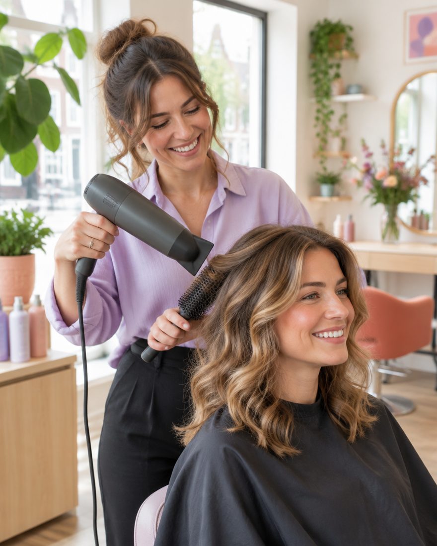 Stylist föhnt een klant